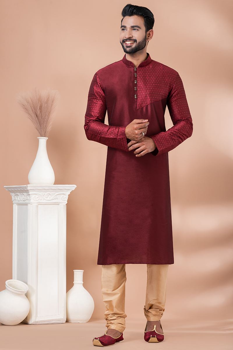 Artistic Maroon Designer Men’s Kurta Pyjama for Wedding and Reception