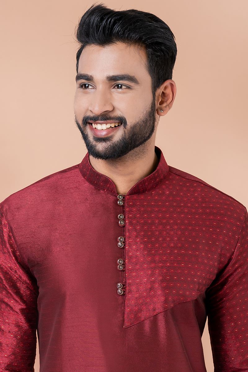 Artistic Maroon Designer Men’s Kurta Pyjama for Wedding and Reception