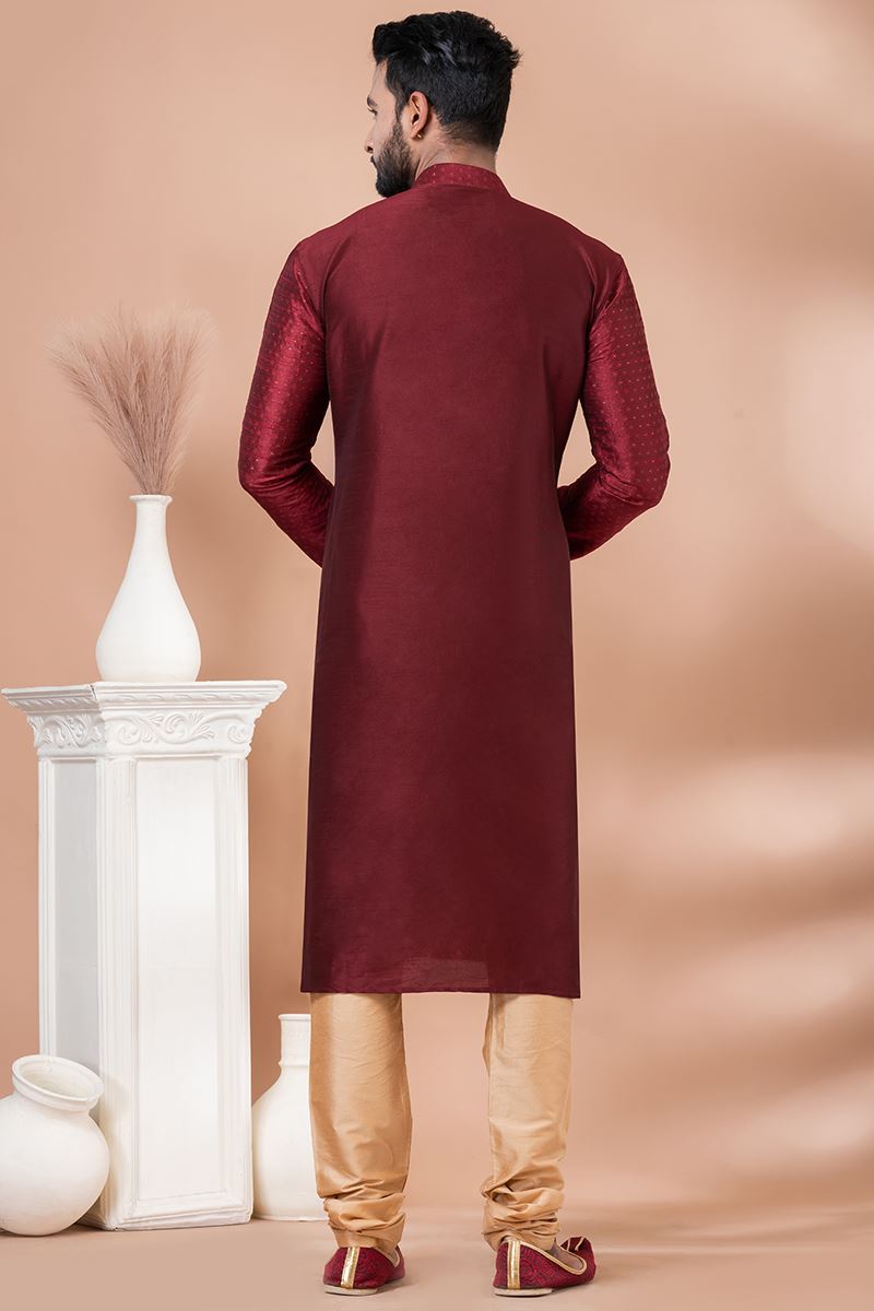 Artistic Maroon Designer Men’s Kurta Pyjama for Wedding and Reception