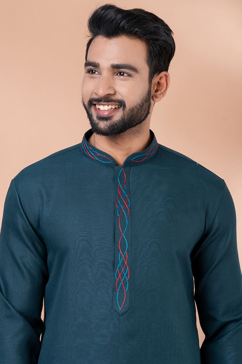 Enticing Dark Green Designer Men’s Kurta Pyjama for Engagement, Festivals, Sangeet, and Parties