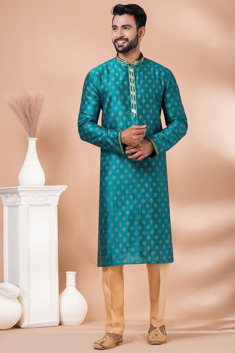 Splendid Rama Green Designer Men’s Kurta Pyjama for Engagement, Wedding, Reception, Festivals, Sangeet, and Parties