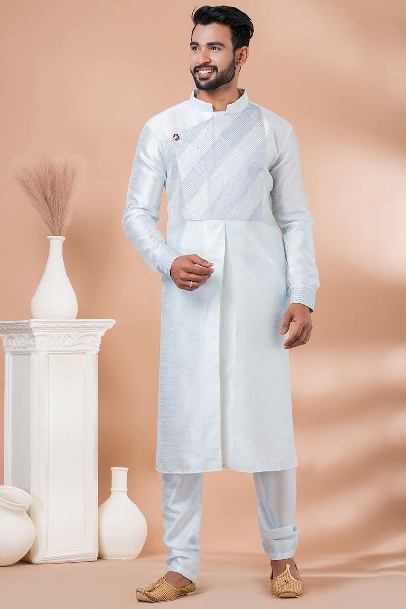 Royal Sky Blue Designer Men’s Kurta Pyjama for Engagement, Festivals, Sangeet, and Parties