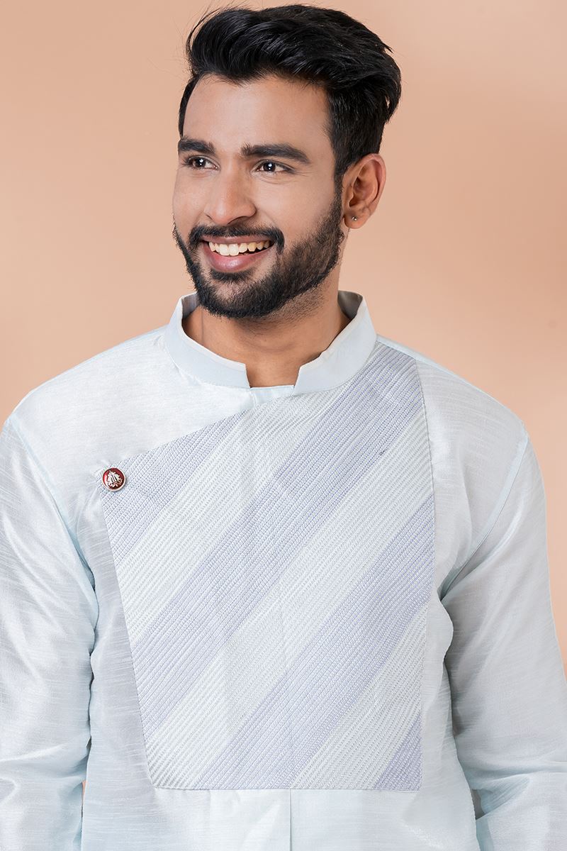 Royal Sky Blue Designer Men’s Kurta Pyjama for Engagement, Festivals, Sangeet, and Parties