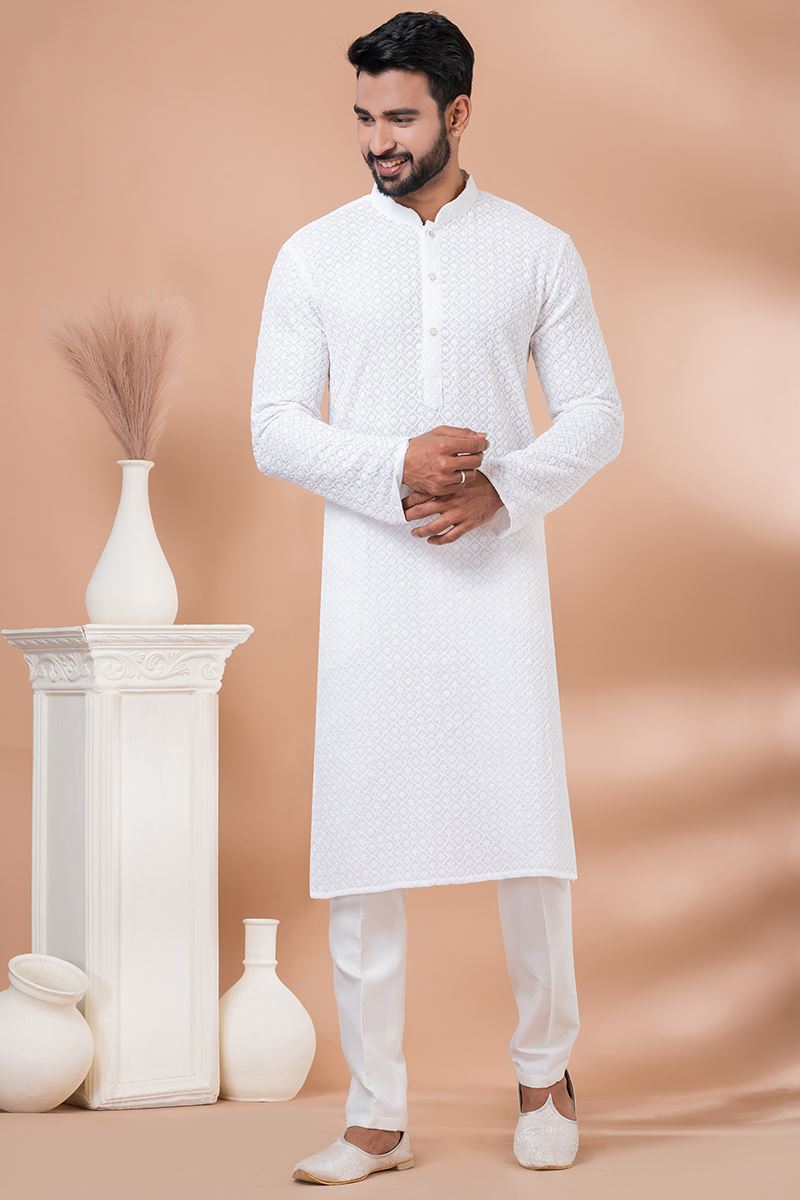 Amazing White Designer Men’s Kurta Pyjama for Haldi, Festivals, Sangeet, and Parties