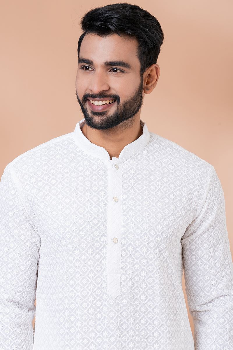 Amazing White Designer Men’s Kurta Pyjama for Haldi, Festivals, Sangeet, and Parties