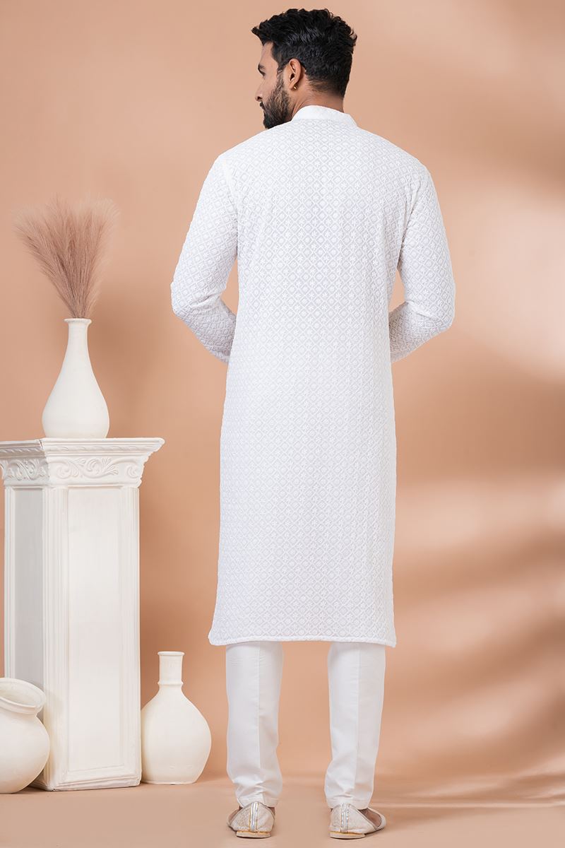Amazing White Designer Men’s Kurta Pyjama for Haldi, Festivals, Sangeet, and Parties