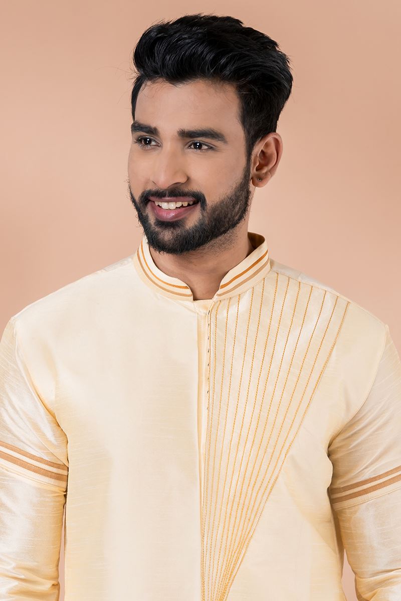 Awesome Cream Designer Men’s Kurta Pyjama for Engagement, Reception, Festivals, Sangeet, and Parties