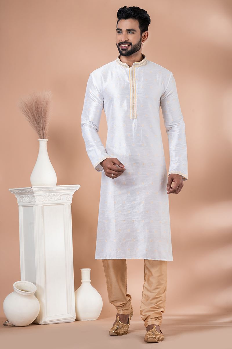 Marvelous White Designer Men’s Kurta Pyjama for Engagement, Festivals, Sangeet, and Parties
