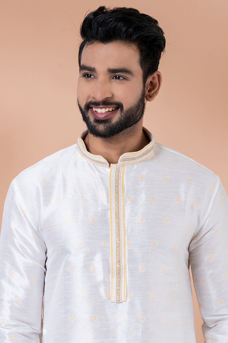 Marvelous White Designer Men’s Kurta Pyjama for Engagement, Festivals, Sangeet, and Parties
