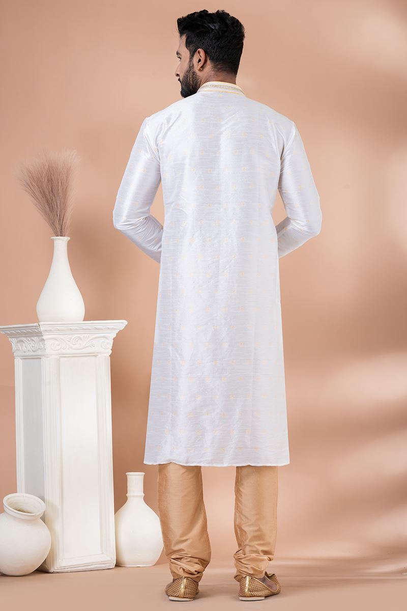 Marvelous White Designer Men’s Kurta Pyjama for Engagement, Festivals, Sangeet, and Parties