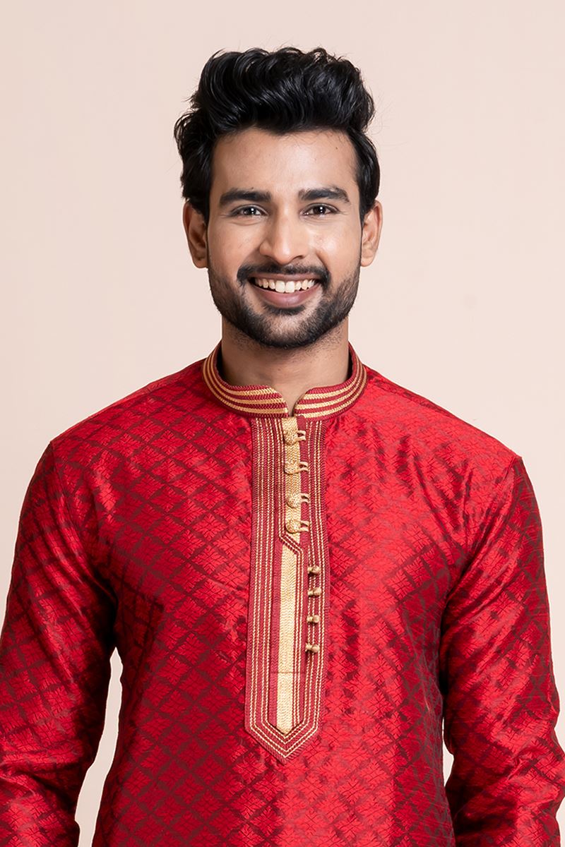 Splendid Red Designer Men’s Kurta Pyjama for Wedding, Reception, Sangeet, and Parties