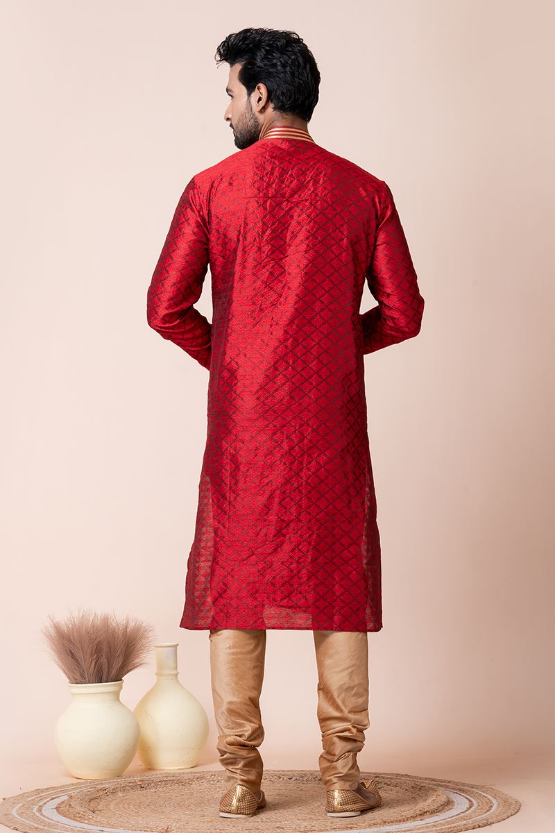 Splendid Red Designer Men’s Kurta Pyjama for Wedding, Reception, Sangeet, and Parties