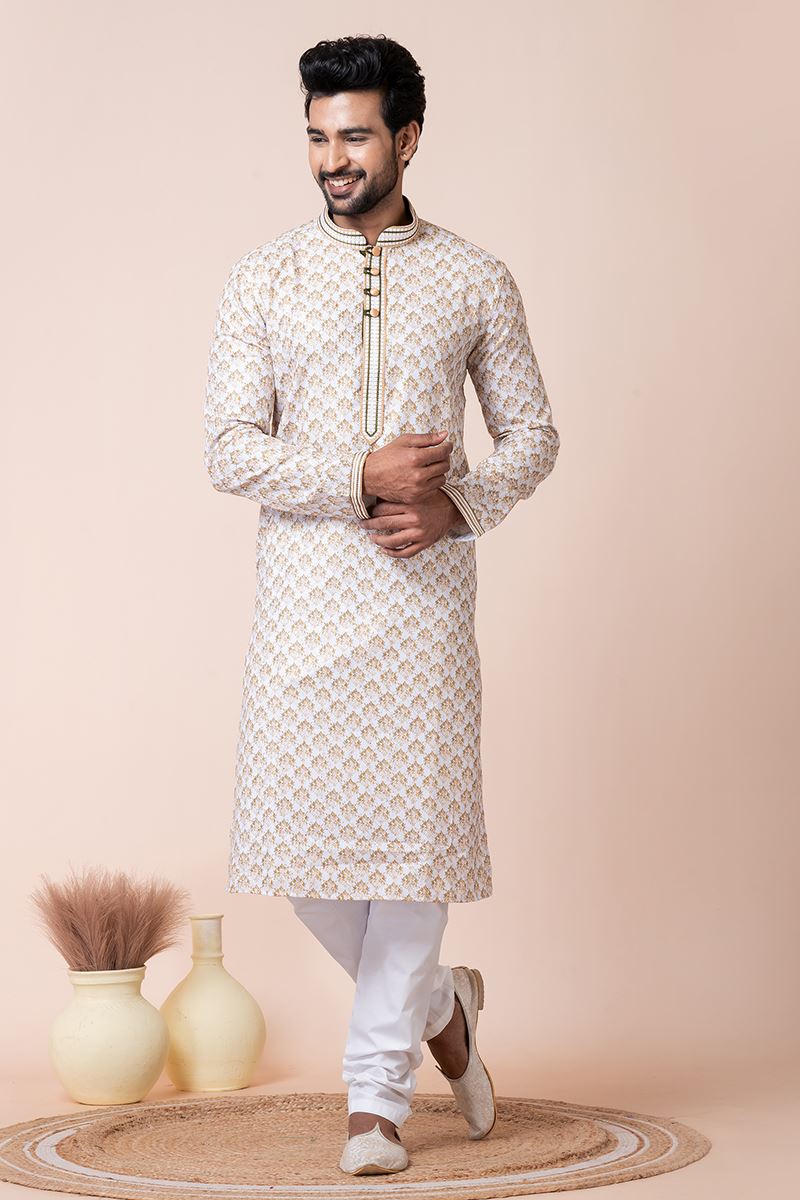 Amazing White Designer Men’s Kurta Pyjama for Engagement, Festivals, Sangeet, and Parties