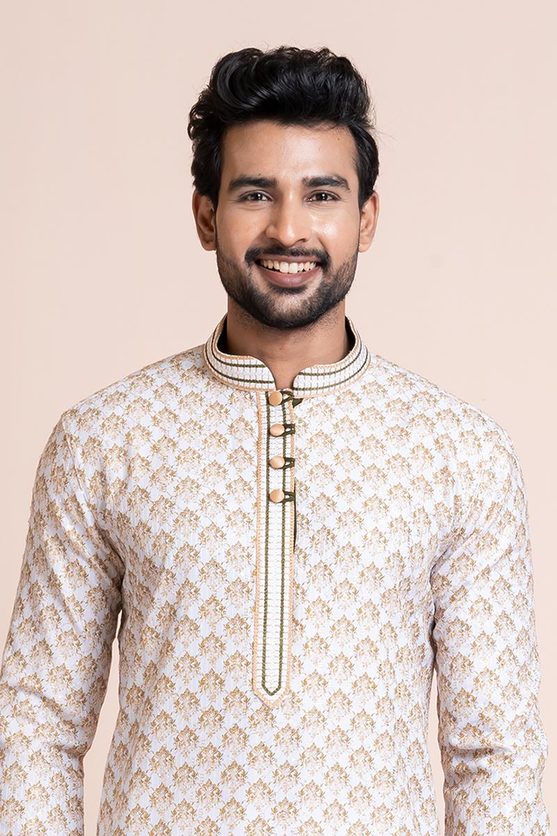Amazing White Designer Men’s Kurta Pyjama for Engagement, Festivals, Sangeet, and Parties