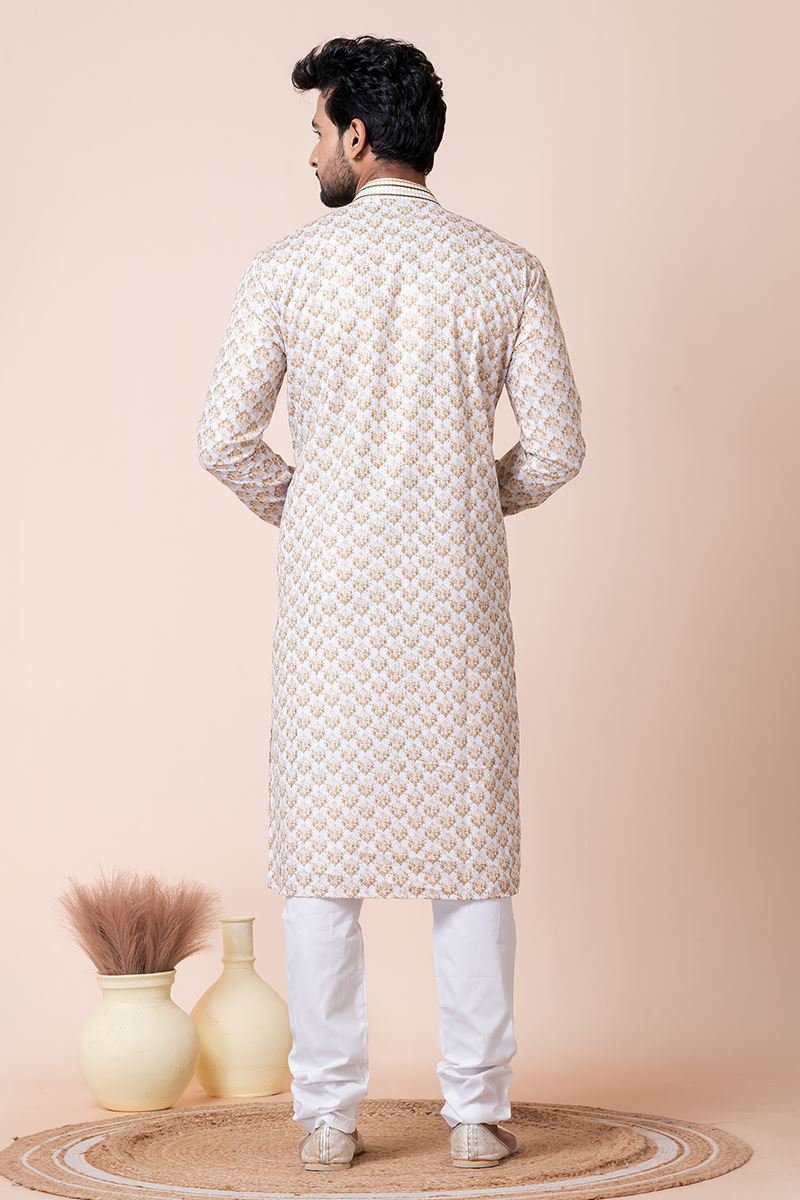 Amazing White Designer Men’s Kurta Pyjama for Engagement, Festivals, Sangeet, and Parties