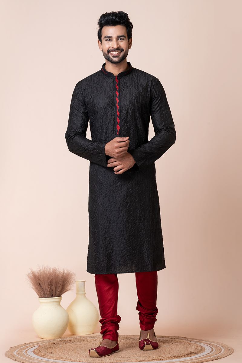 Appealing Black Designer Men’s Kurta Pyjama for Engagement, Reception, Sangeet, and Parties
