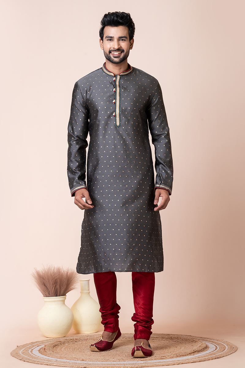 Magnificent Grey Designer Men’s Kurta Pyjama for Engagement, Reception, Festivals, Sangeet, and Parties