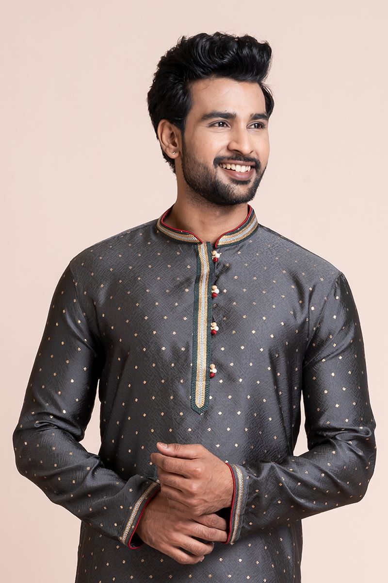 Magnificent Grey Designer Men’s Kurta Pyjama for Engagement, Reception, Festivals, Sangeet, and Parties