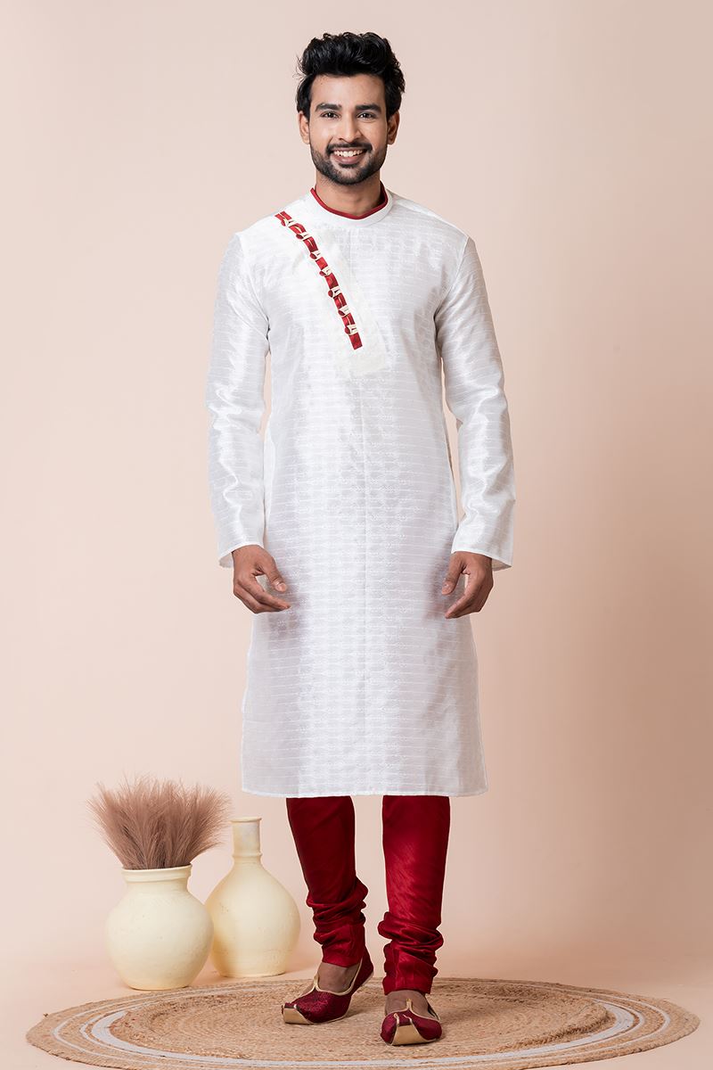 Impressive White Designer Men’s Kurta Pyjama for Engagement, Reception, Festivals, Sangeet, and Parties
