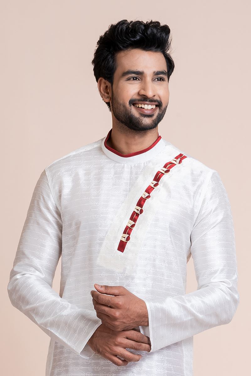 Impressive White Designer Men’s Kurta Pyjama for Engagement, Reception, Festivals, Sangeet, and Parties