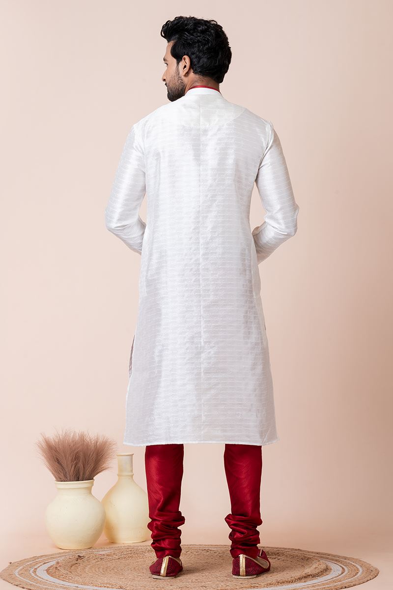 Impressive White Designer Men’s Kurta Pyjama for Engagement, Reception, Festivals, Sangeet, and Parties