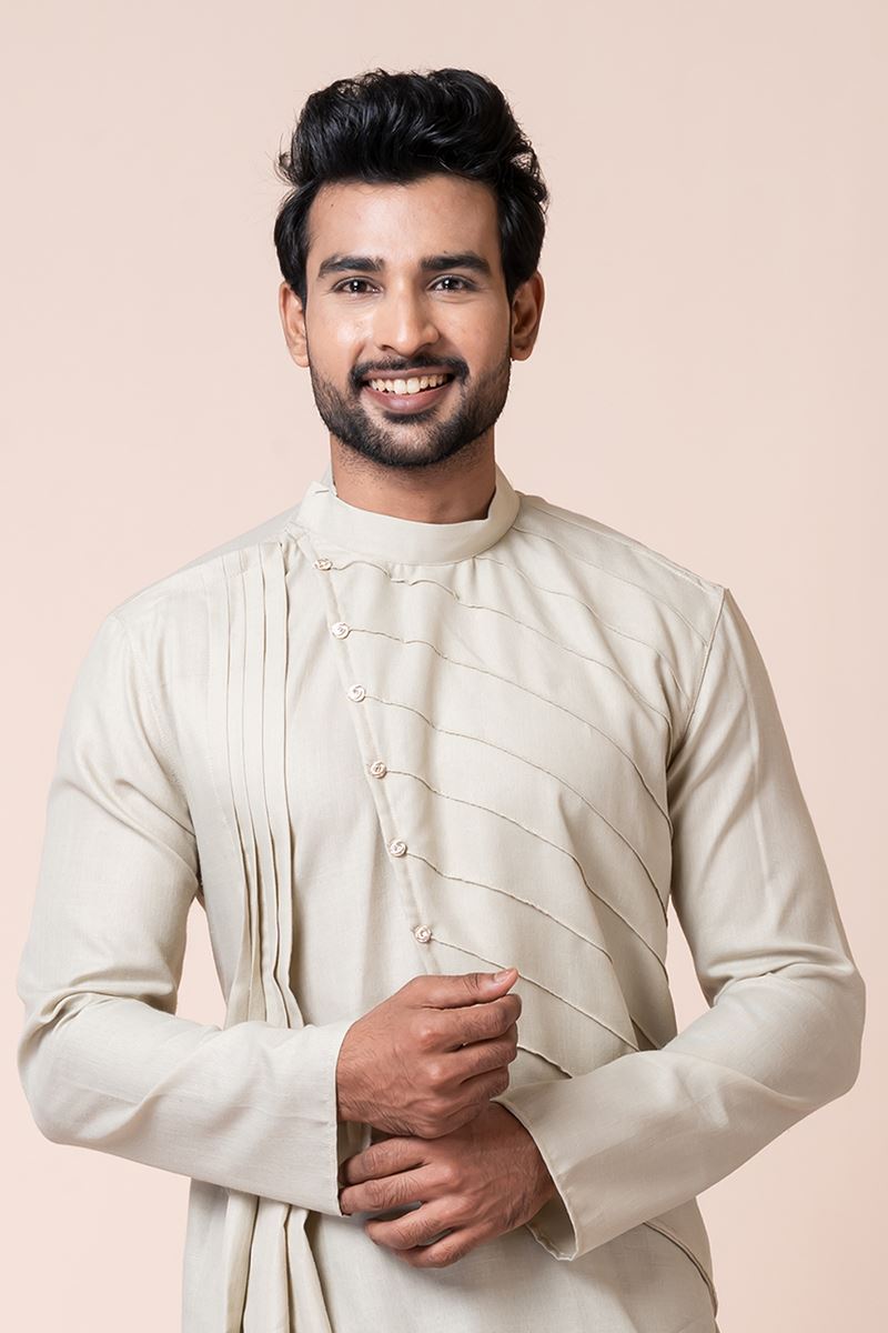 Exuberant Cream Designer Men’s Kurta Pyjama for Engagement, Reception, Sangeet, and Parties
