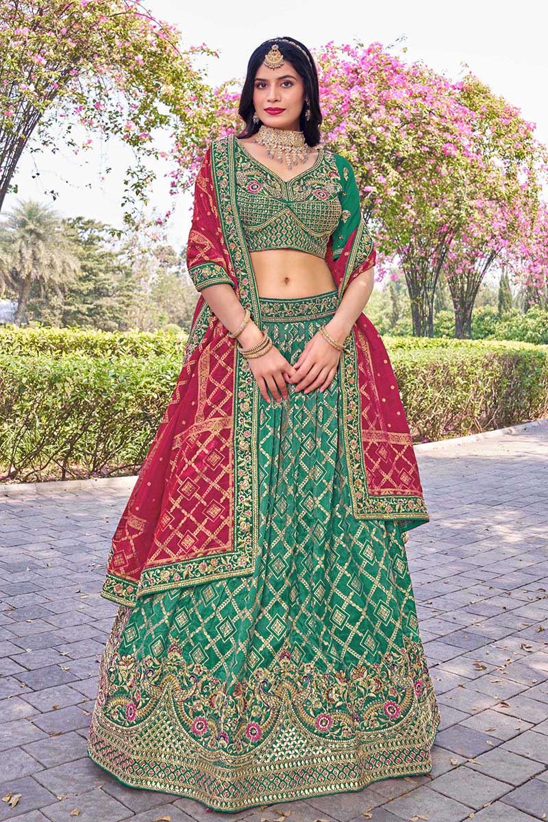 Exuberant Rama Green Designer Bridal Lehenga Choli for Mehendi, Wedding, Reception, Sangeet, and Pre-Wedding Shoots