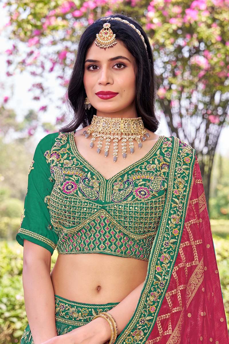 Exuberant Rama Green Designer Bridal Lehenga Choli for Mehendi, Wedding, Reception, Sangeet, and Pre-Wedding Shoots