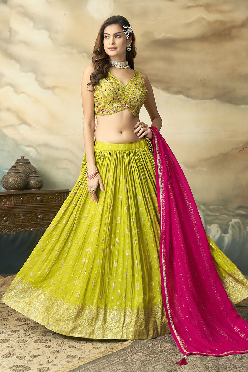 Ethnic Green Designer Indo-Western Lehenga Choli for Engagement, Mehendi, Reception, Sangeet, and Parties