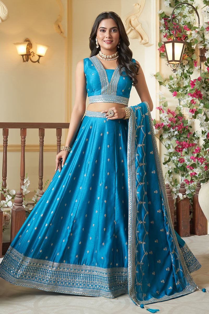 Exuberant Blue Designer Indo-Western Lehenga Choli for Engagement, Reception, Sangeet, and Parties