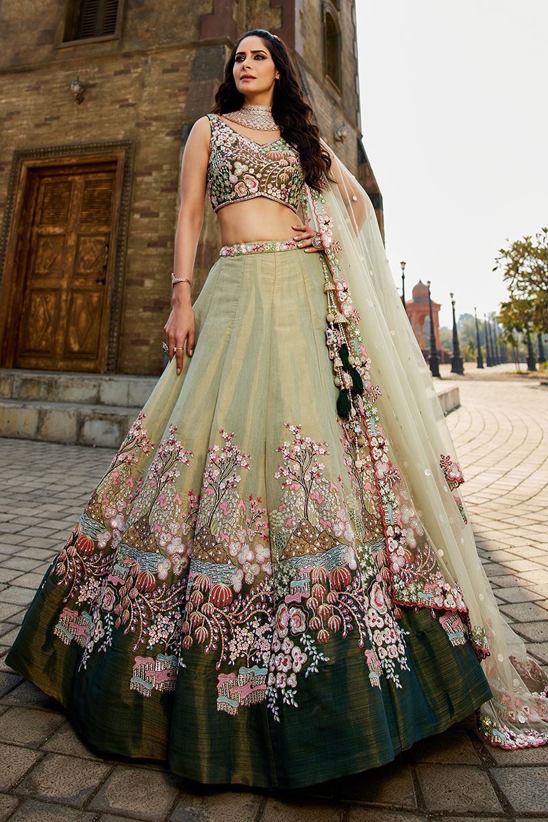 Fascinating Pastel Green Designer Indo-Western Lehenga Choli for Engagement, Wedding, Reception, Sangeet, and Parties