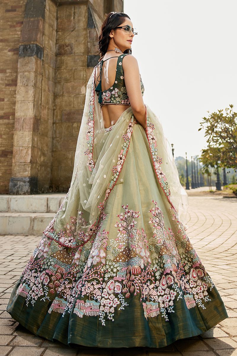 Fascinating Pastel Green Designer Indo-Western Lehenga Choli for Engagement, Wedding, Reception, Sangeet, and Parties