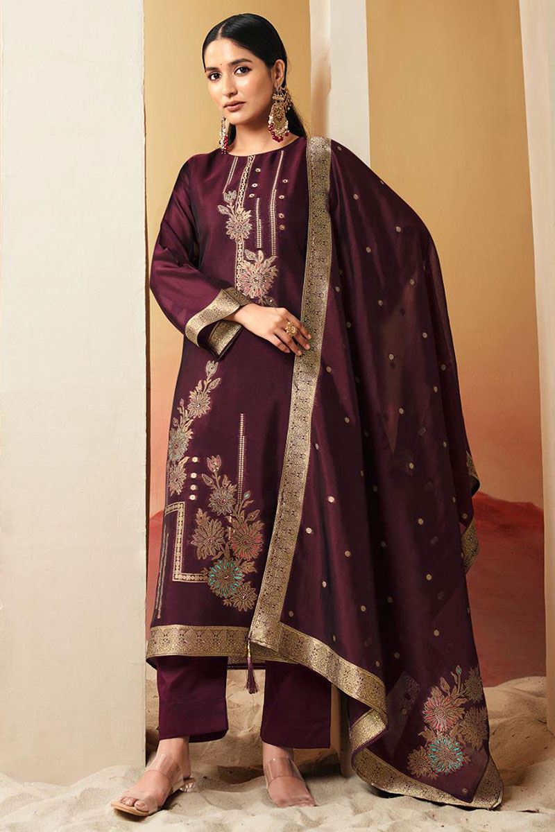 Enticing Wine Designer Straight Cut Suit for Wedding, Reception, Festivals, Sangeet, and Parties (Unstitched suit)