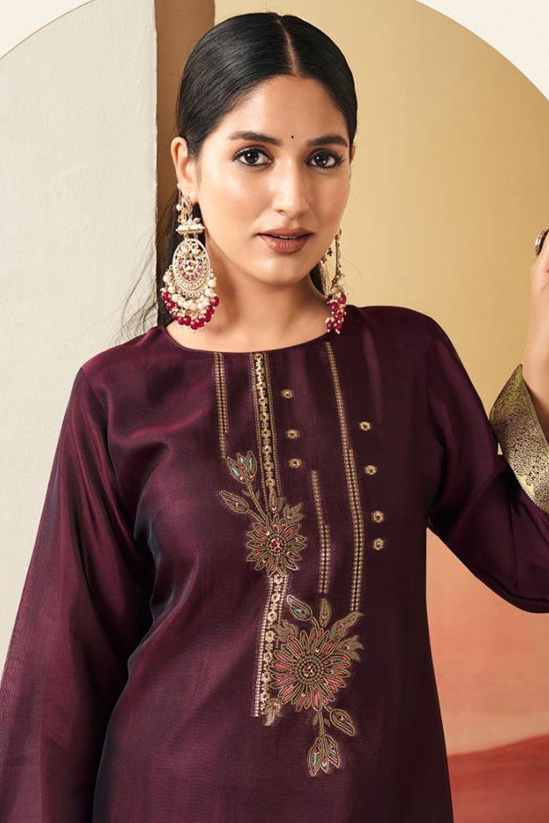 Enticing Wine Designer Straight Cut Suit for Wedding, Reception, Festivals, Sangeet, and Parties (Unstitched suit)