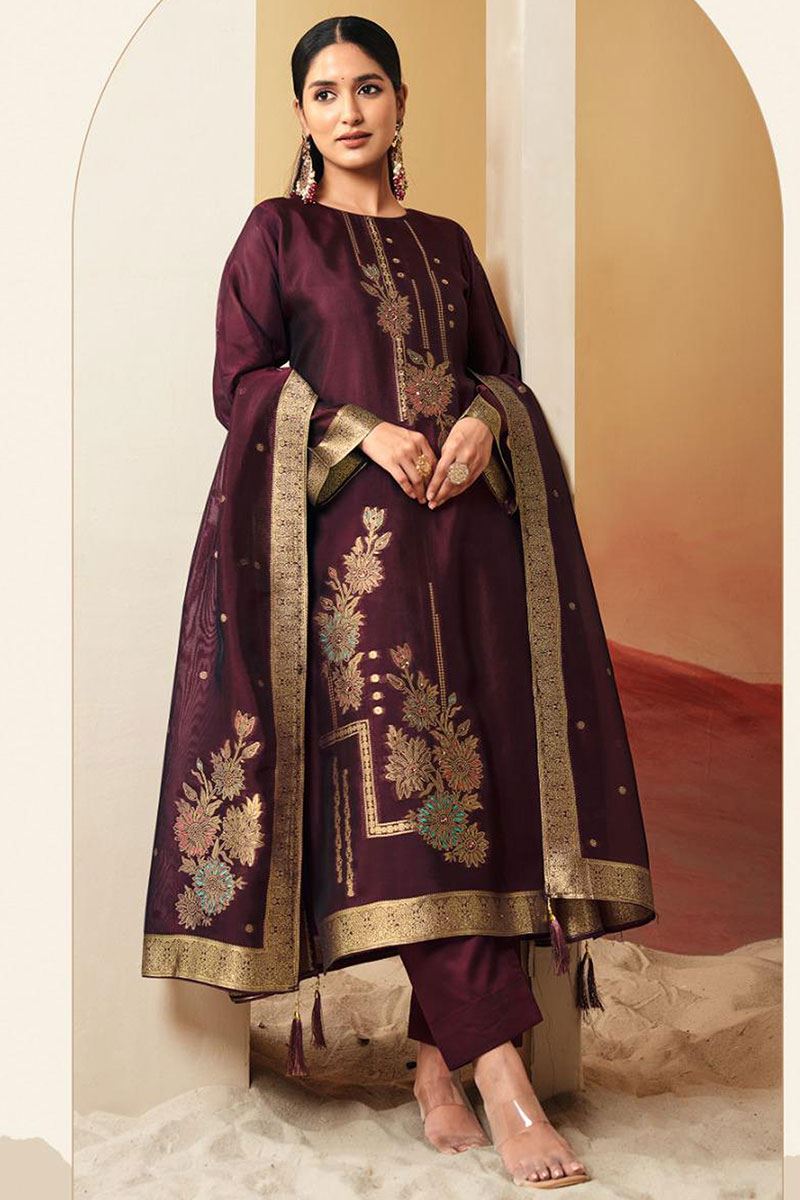 Enticing Wine Designer Straight Cut Suit for Wedding, Reception, Festivals, Sangeet, and Parties (Unstitched suit)