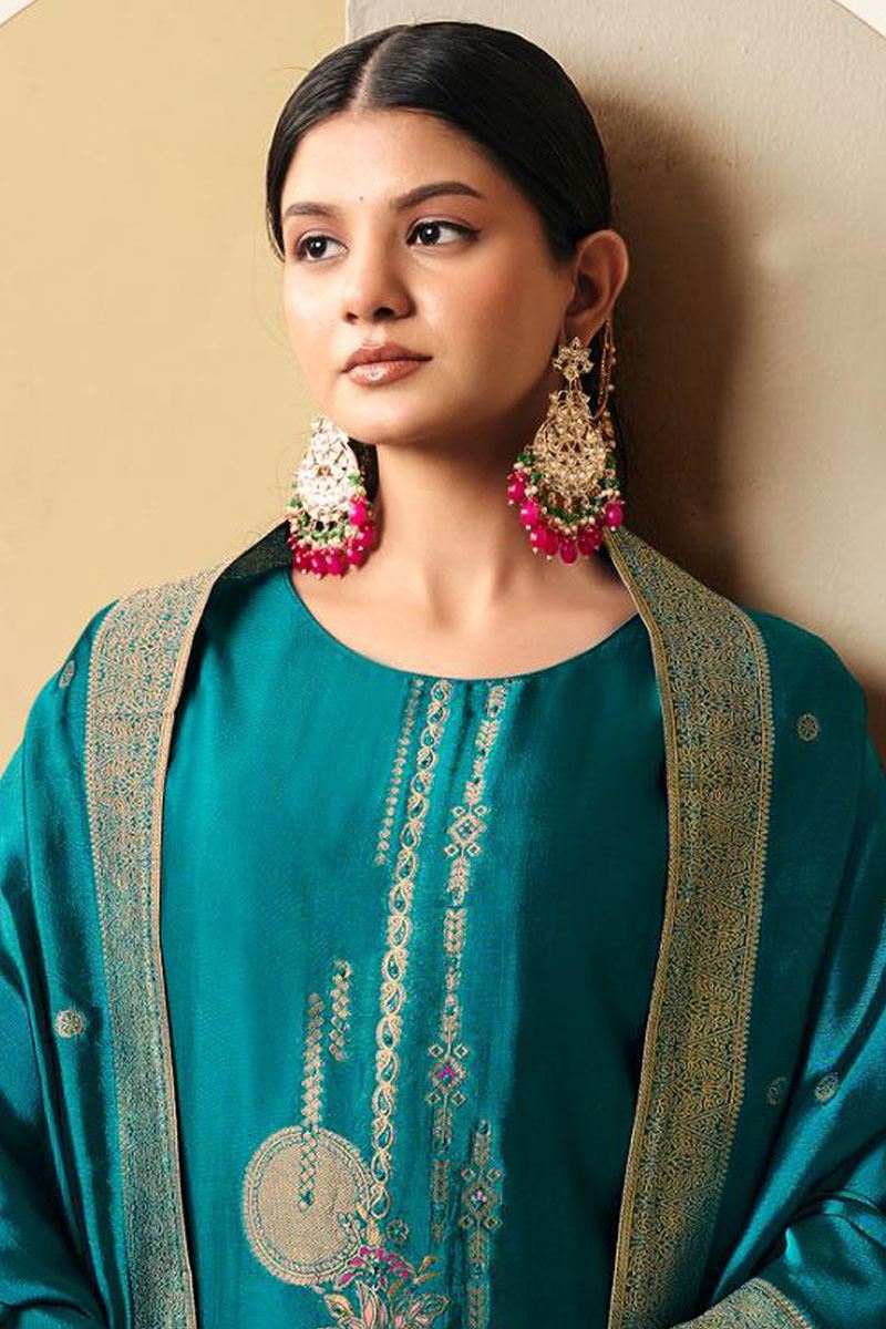 Alluring Turquoise Designer Straight Cut Suit for Wedding, Reception, Festivals, Sangeet, and Parties (Unstitched suit)