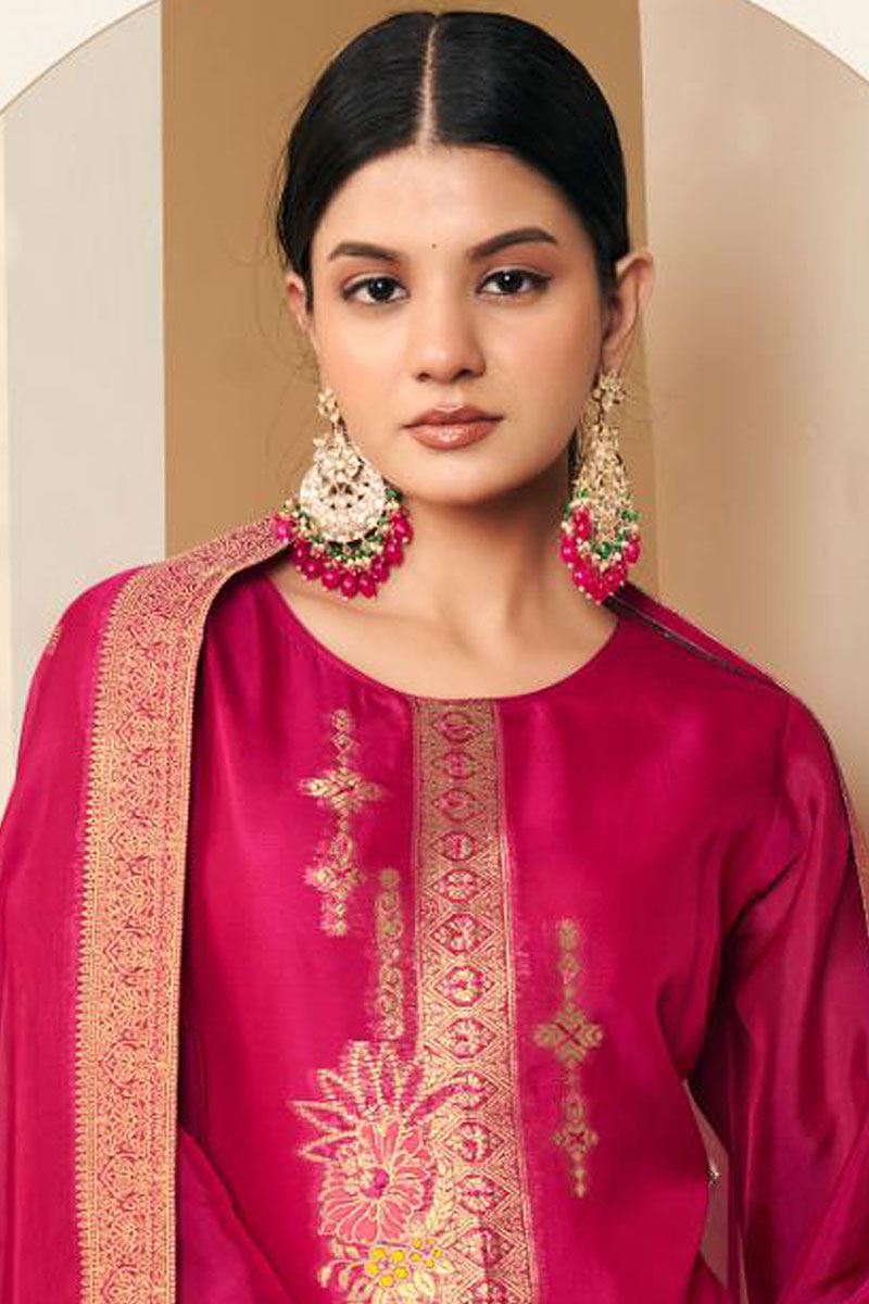 Delightful Magenta Designer Straight Cut Suit for Wedding, Reception, Festivals, Sangeet, and Parties (Unstitched suit)