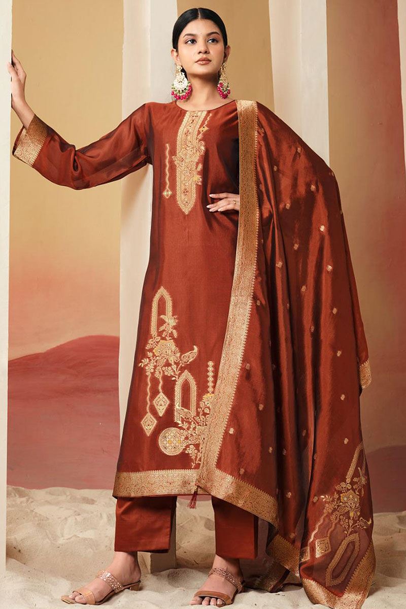 Lovely Rust Designer Straight Cut Suit for Wedding, Reception, Festivals, Sangeet, and Parties (Unstitched suit)