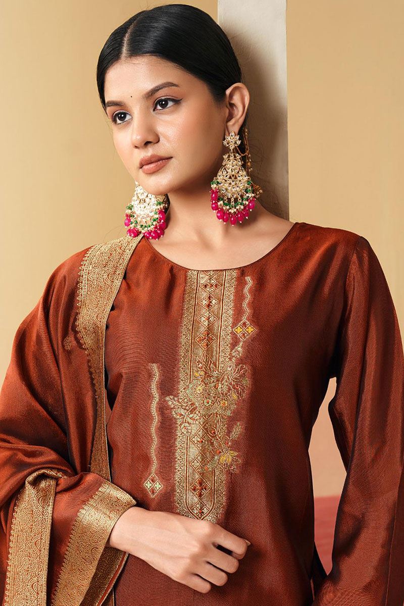 Lovely Rust Designer Straight Cut Suit for Wedding, Reception, Festivals, Sangeet, and Parties (Unstitched suit)