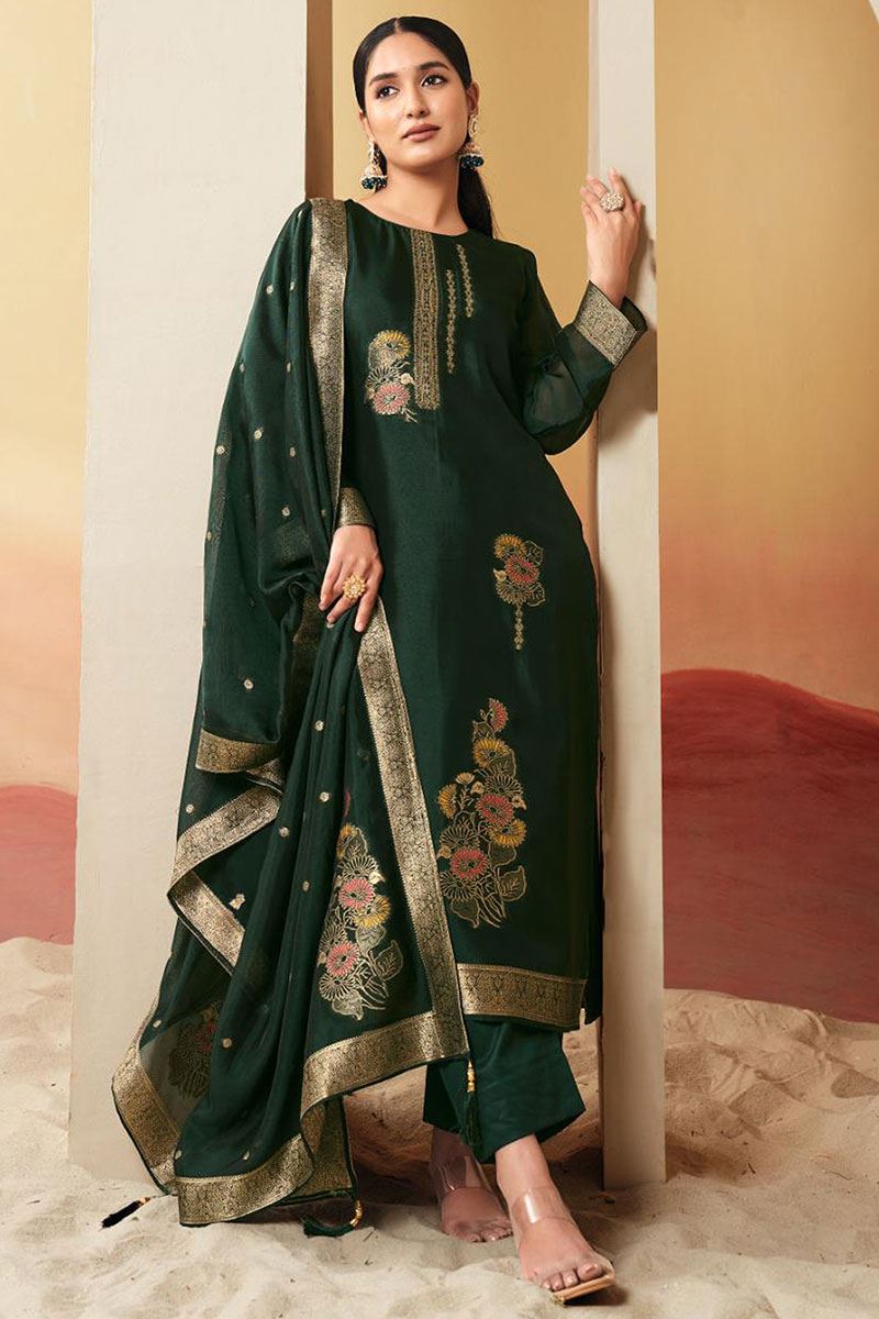 Charming Green Designer Straight Cut Suit for Mehendi, Wedding, Reception, Festivals, Sangeet, and Parties (Unstitched suit)