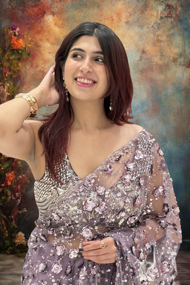 Amazing Lavender Net Designer Saree for Engagement, Reception, Sangeet, and Parties