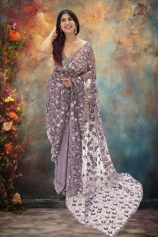 Amazing Lavender Net Designer Saree for Engagement, Reception, Sangeet, and Parties