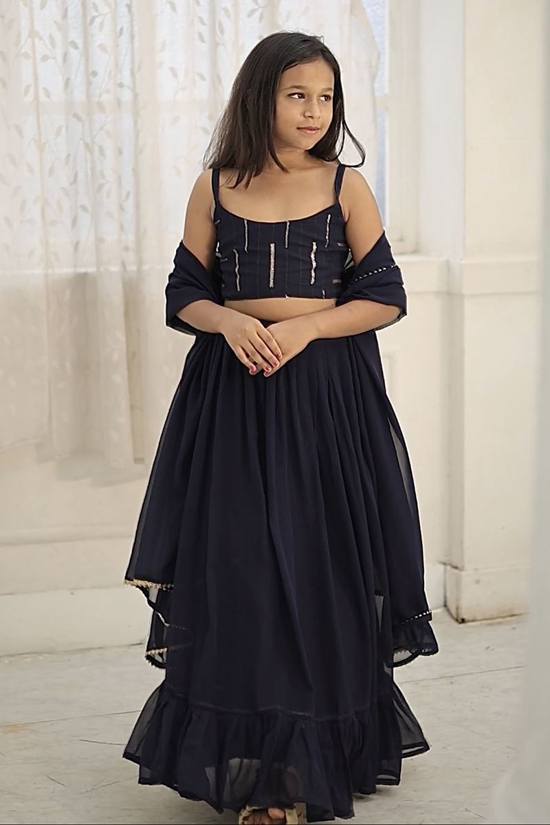 Spectacular Navy Blue Designer Kid’s Lehenga Choli for Engagement, Reception, Sangeet, and Parties
