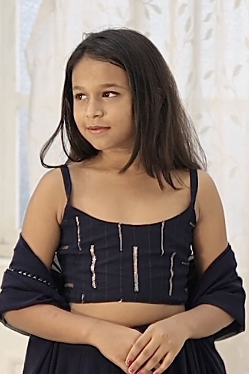 Spectacular Navy Blue Designer Kid’s Lehenga Choli for Engagement, Reception, Sangeet, and Parties