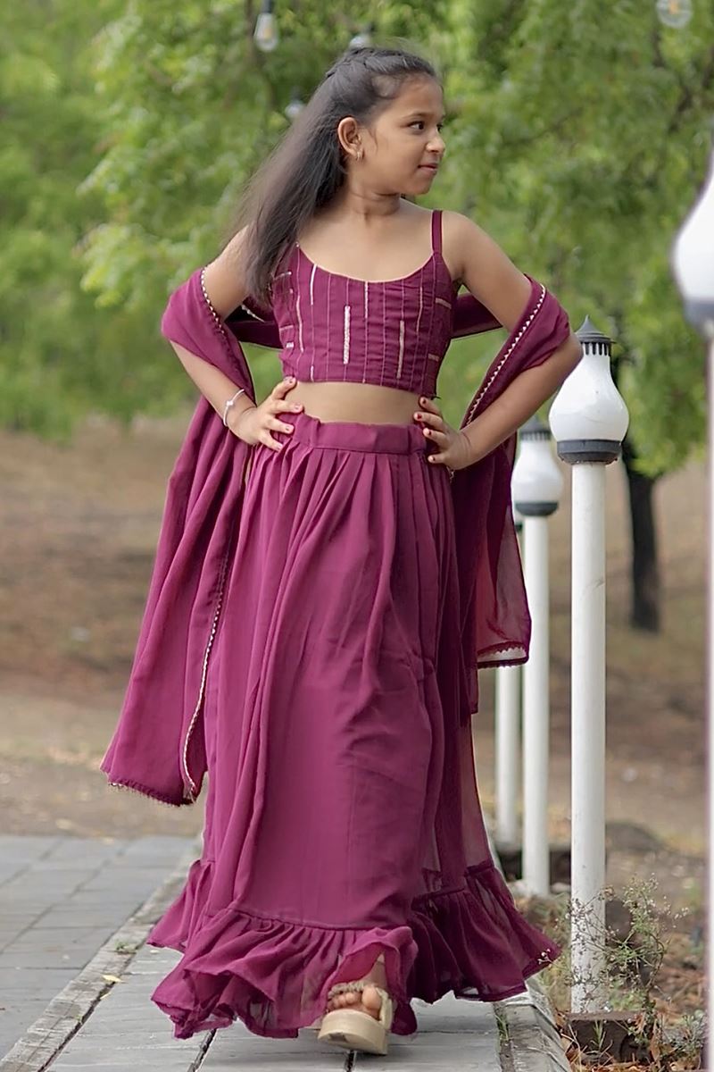 Outstanding Wine Designer Kid’s Lehenga Choli for Engagement, Reception, Sangeet, and Parties