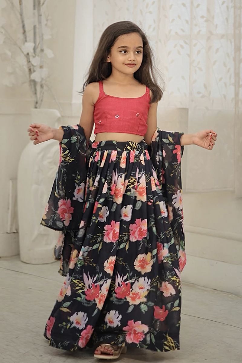Mesmerizing Black and Peach Designer Kid’s Lehenga Choli for Sangeet and Parties