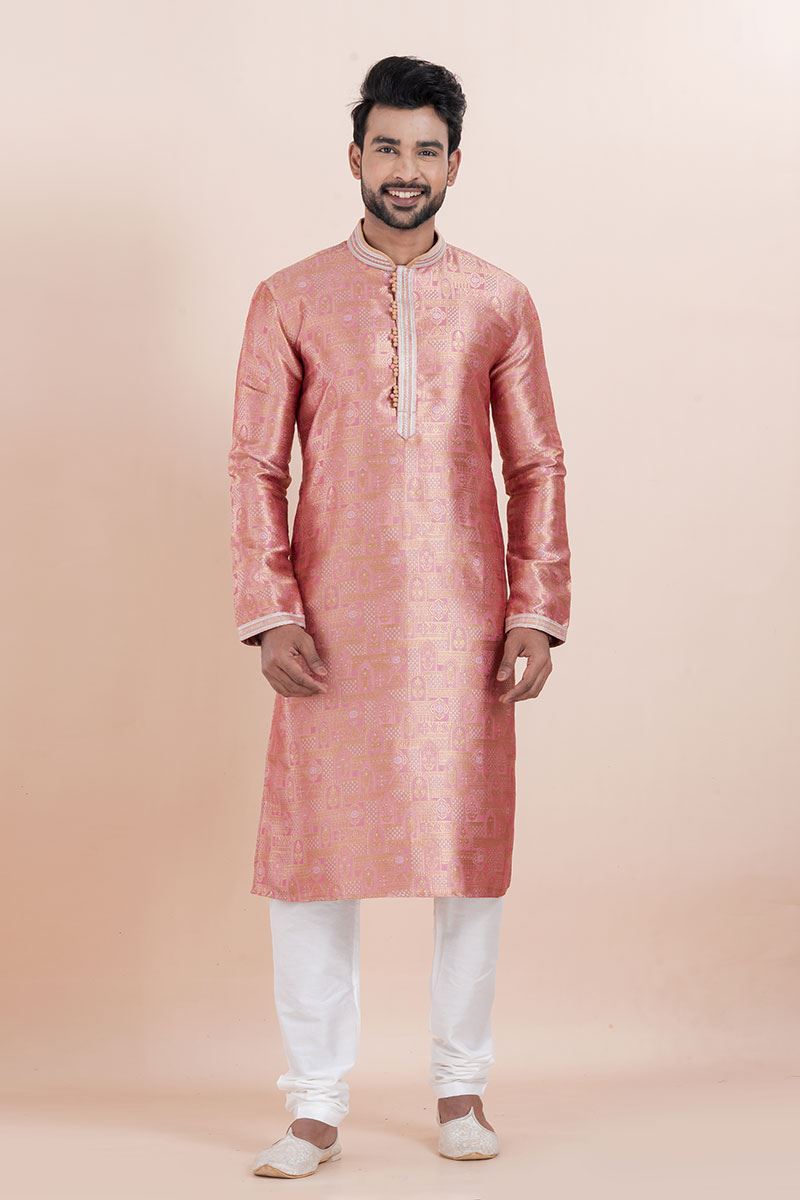 Exuberant Peach Designer Men’s Kurta for Engagement, Reception, Festival, Sangeet, and Party