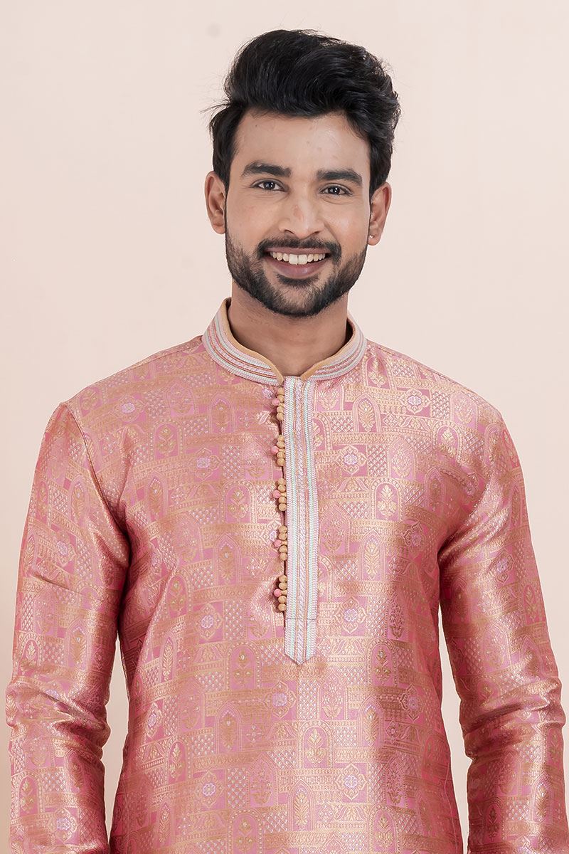 Exuberant Peach Designer Men’s Kurta for Engagement, Reception, Festival, Sangeet, and Party