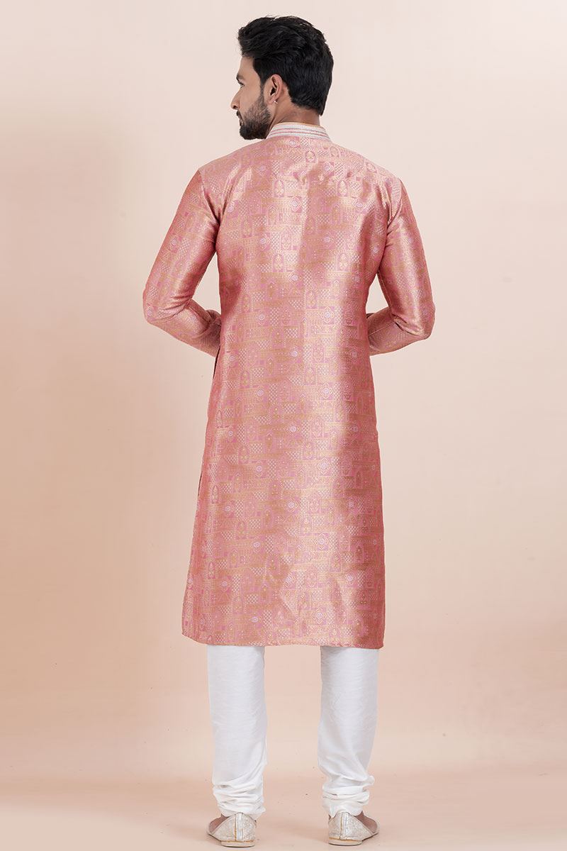 Exuberant Peach Designer Men’s Kurta for Engagement, Reception, Festival, Sangeet, and Party