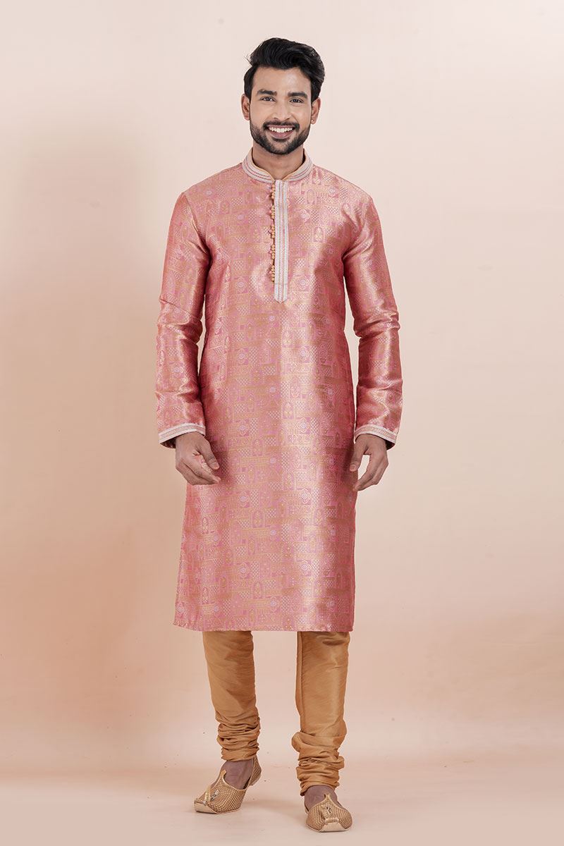 Classy Peach Designer Men’s Kurta for Engagement, Reception, Festival, Sangeet, and Party